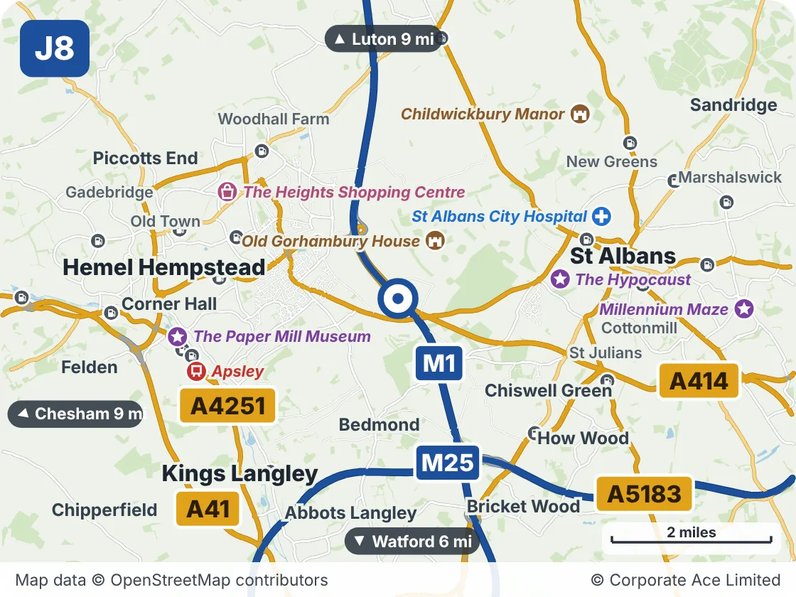 Map of the area within about 5 miles of M1 Junction 8: Breakspears, showing the towns, villages, roads and places to visit