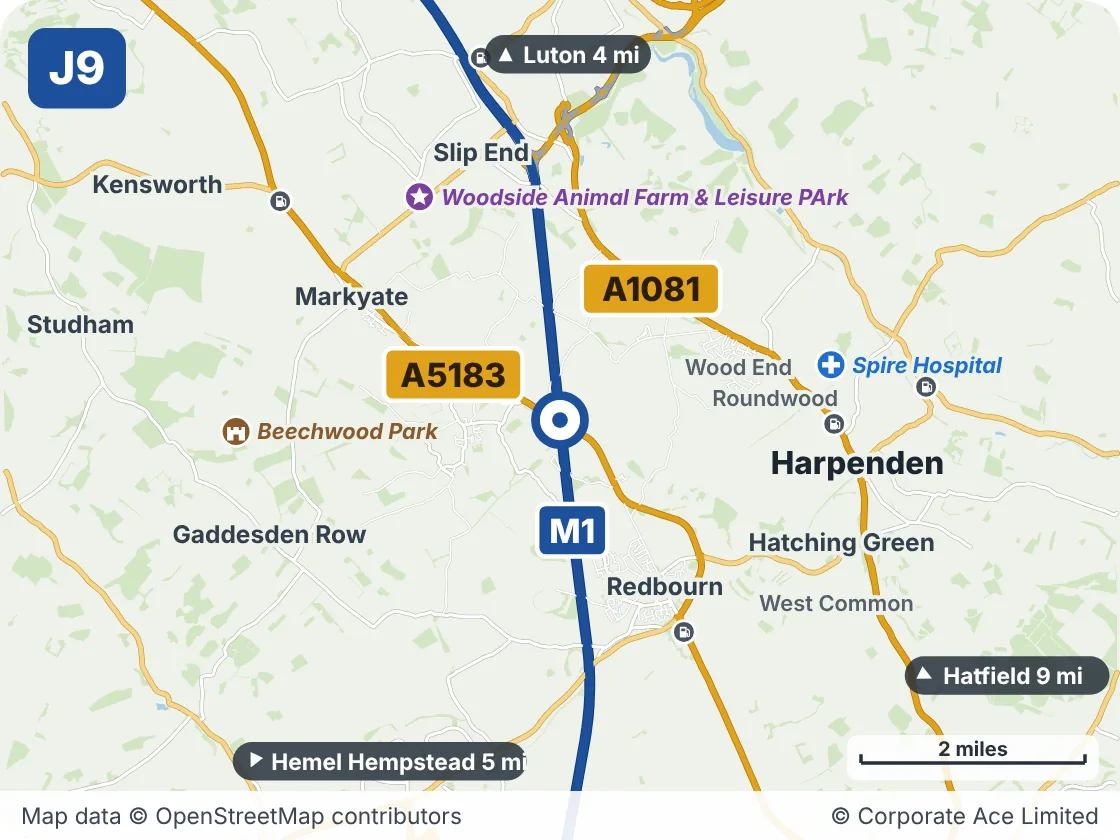 Map of the area within about 5 miles of M1 Junction 9: Friar's Wash, showing the towns, villages, roads and places to visit